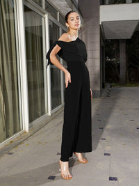 SASSAFRAS Black One Shoulder Basic Jumpsuit with Ruffles