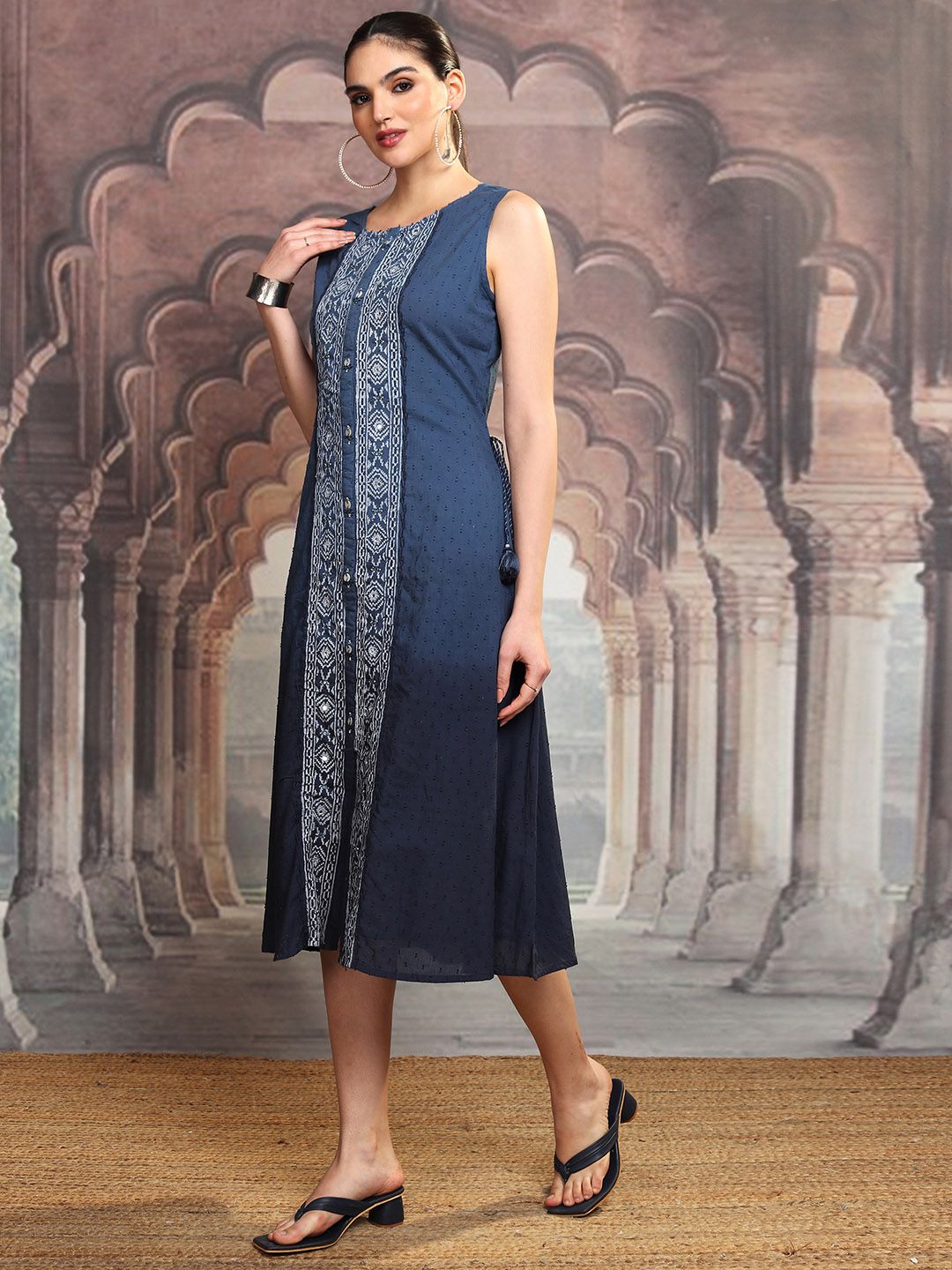 Vishudh Geometric Printed Embroidered Cotton Midi A-Line Dress