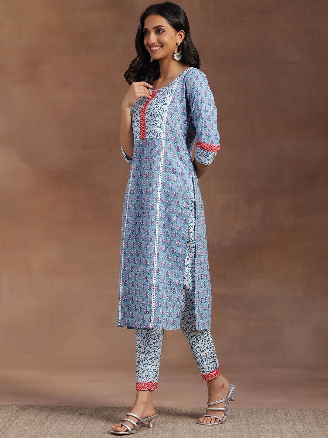 Libas Women Blue Floral Printed Pure Cotton Kurta with Trousers & With Dupatta