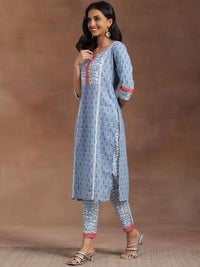 Libas Women Blue Floral Printed Pure Cotton Kurta with Trousers & With Dupatta