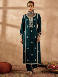 Indo Era Ethnic Motifs Embroidered Notch Neck Thread Work Straight Kurta