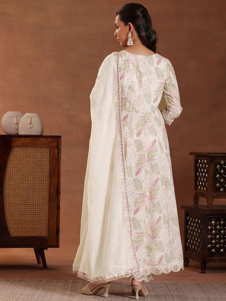 Libas Floral Printed Panelled Thread Work Pure Cotton Kurta with Trousers & With Dupatta