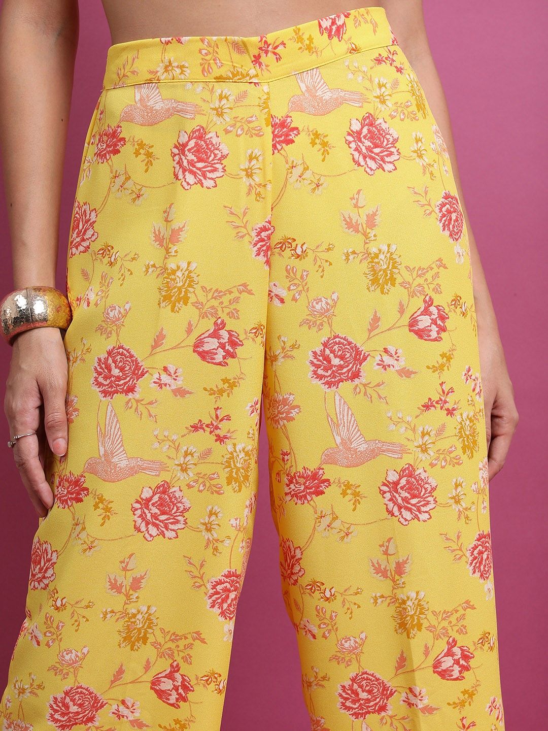 Vishudh Yellow Printed Regular Top with Palazzos And Jacket