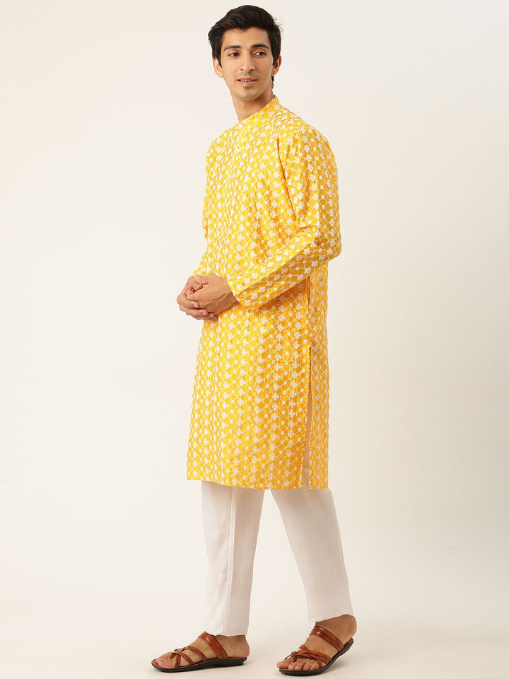 SOJANYA Kurta Sulam Lelaki Kuning & Putih dengan Piyama & Jaket Nehru