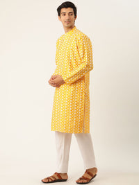 SOJANYA Kurta Sulam Lelaki Kuning & Putih dengan Piyama & Jaket Nehru