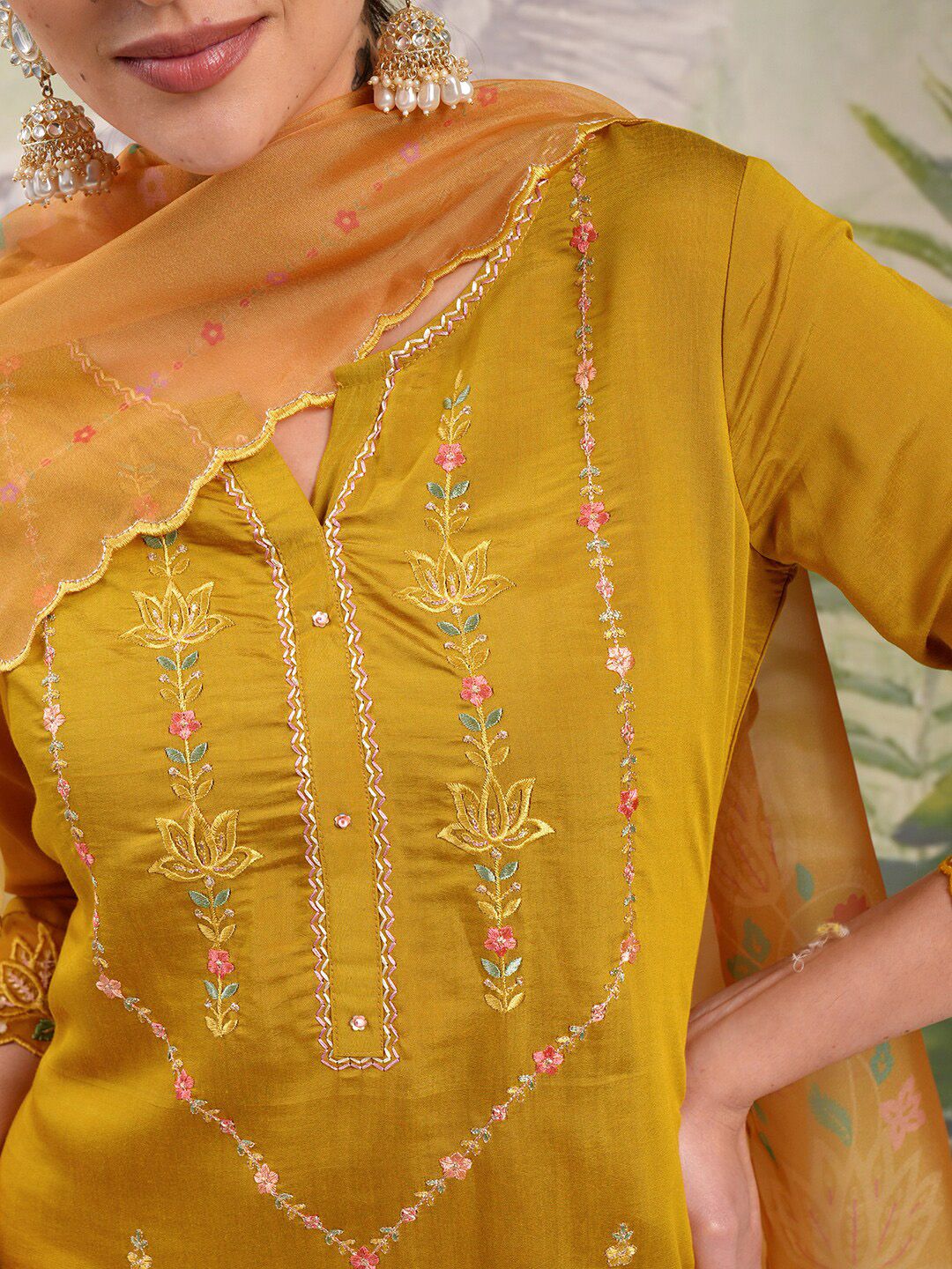 Vishudh Mustard Yellow Embroidered Thread Work Straight Kurta With Trousers & Dupatta