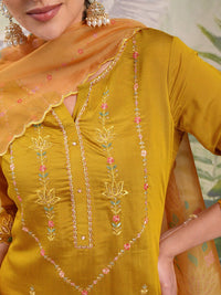 Vishudh Mustard Yellow Embroidered Thread Work Straight Kurta With Trousers & Dupatta