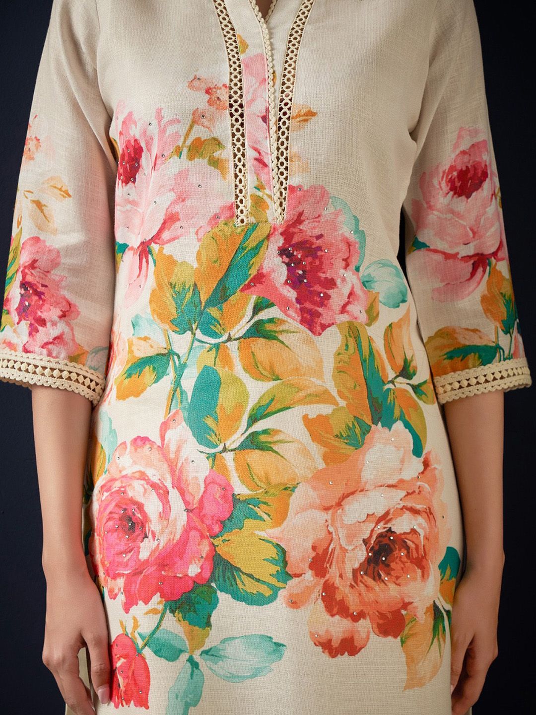 Indo Era Floral Printed Beads and Stones Linen Straight Kurta with Trousers & Dupatta