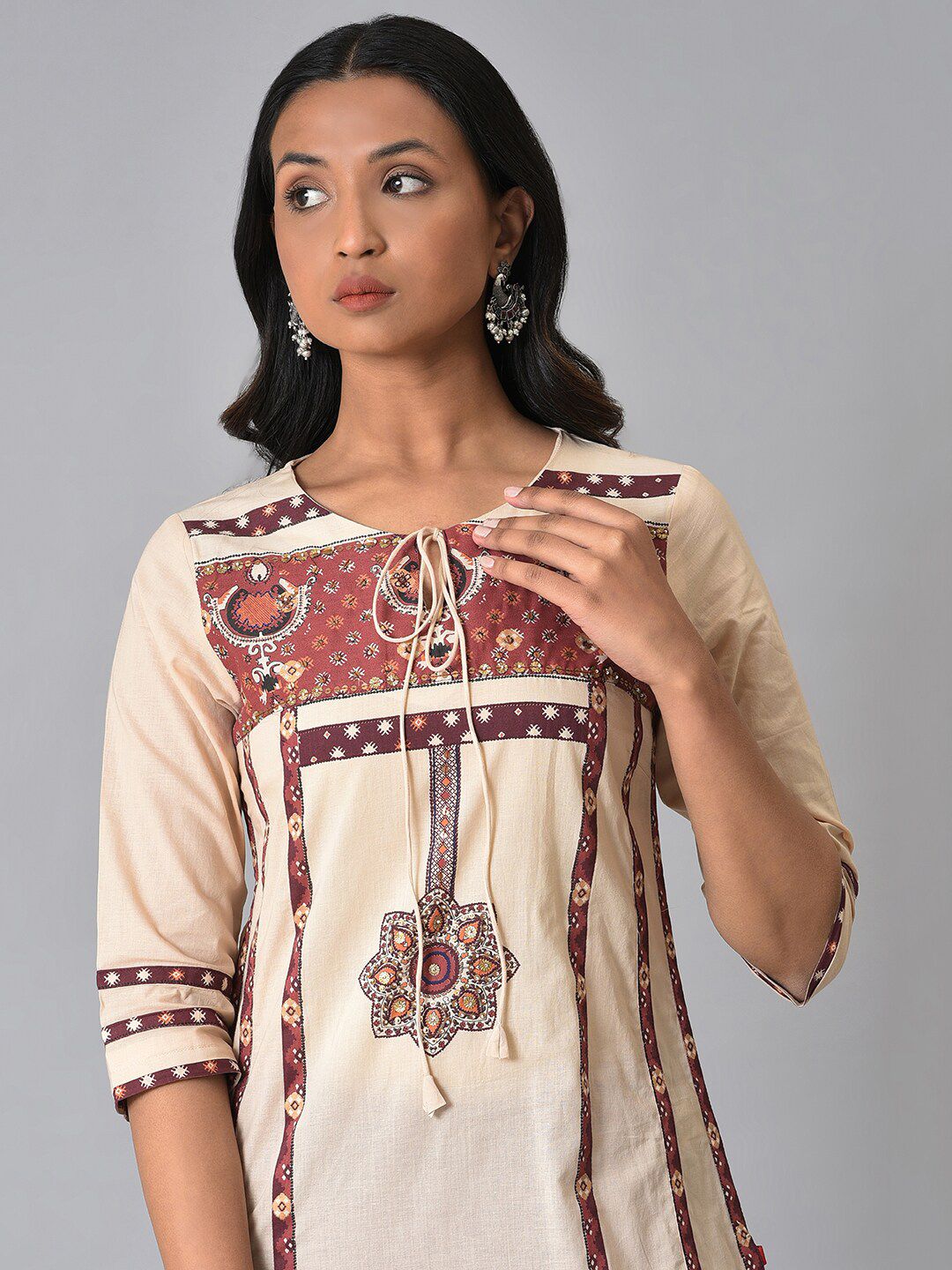 W Ethnic Motif Printed Tie Up Neck A-Line Kurta