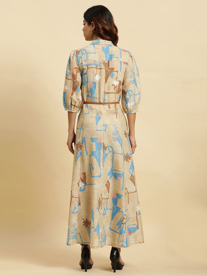 W Abstract Printed Belted Detailed Shirt Collar Puff Sleeves A-Line Maxi Dress
