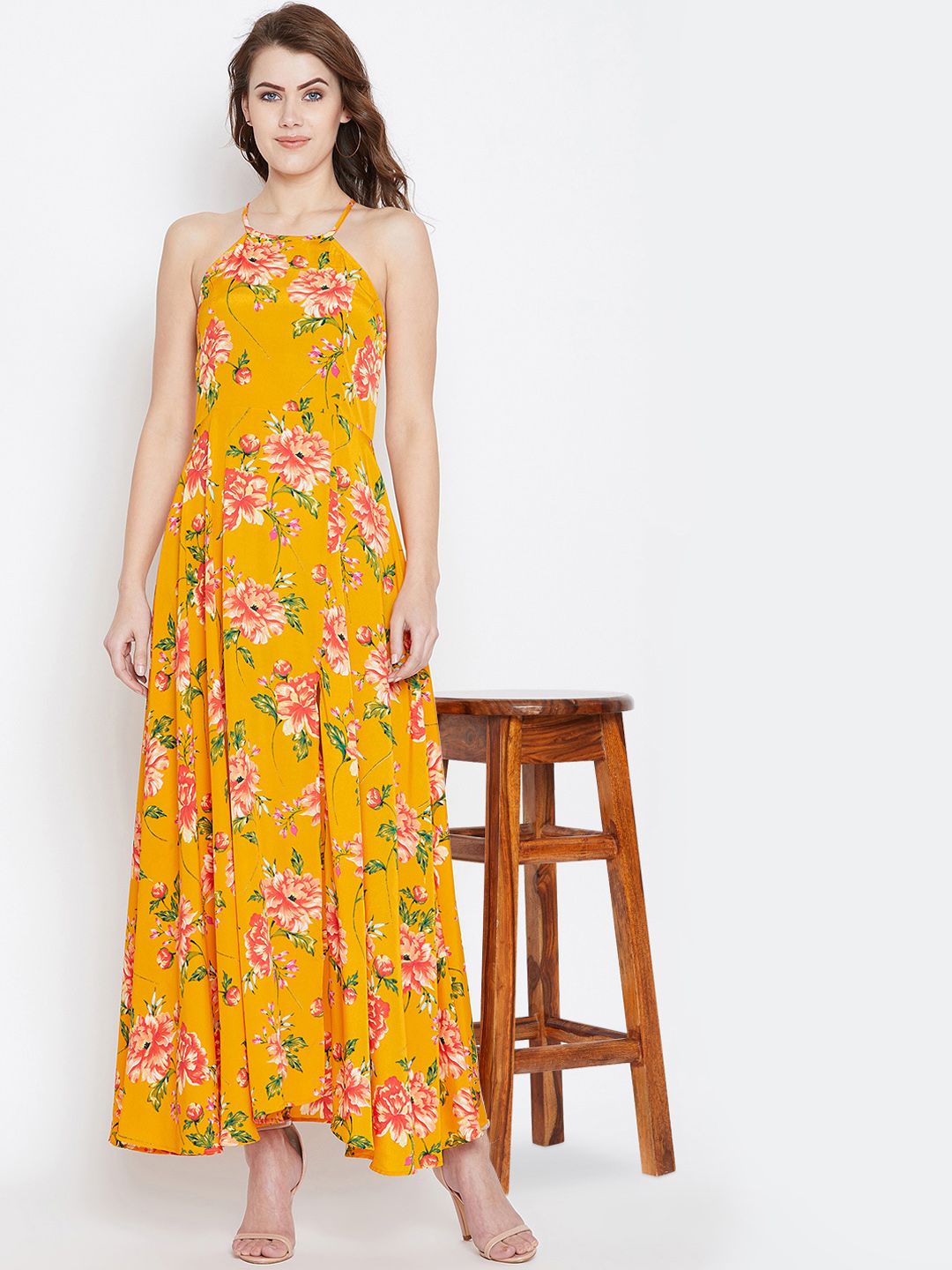 Berrylush Women Yellow & Red Floral Printed Maxi Dress