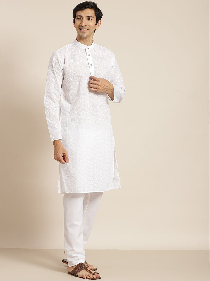 SOJANYA Men White Ethnic Motifs Chikankari Pure Cotton Kurta with Churidar & Nehru Jacket
