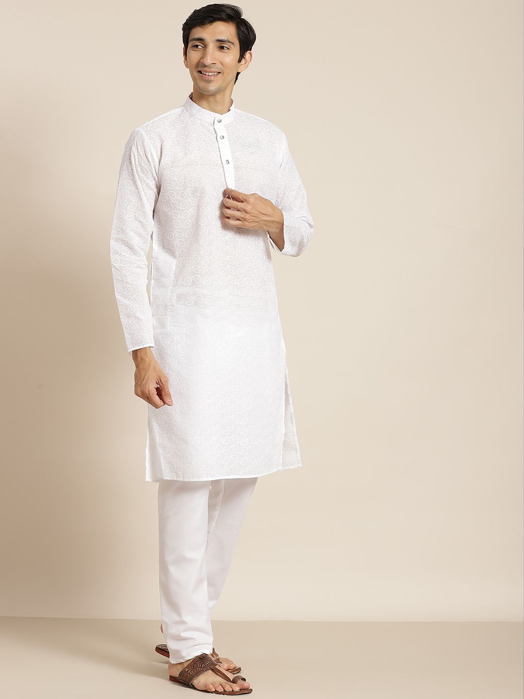 SOJANYA Men White Ethnic Motifs Chikankari Pure Cotton Kurta with Churidar & Nehru Jacket