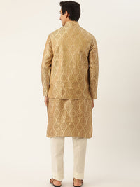 SOJANYA Set Kurta Motif Etnik Beige Lelaki Dengan Jaket Nehru