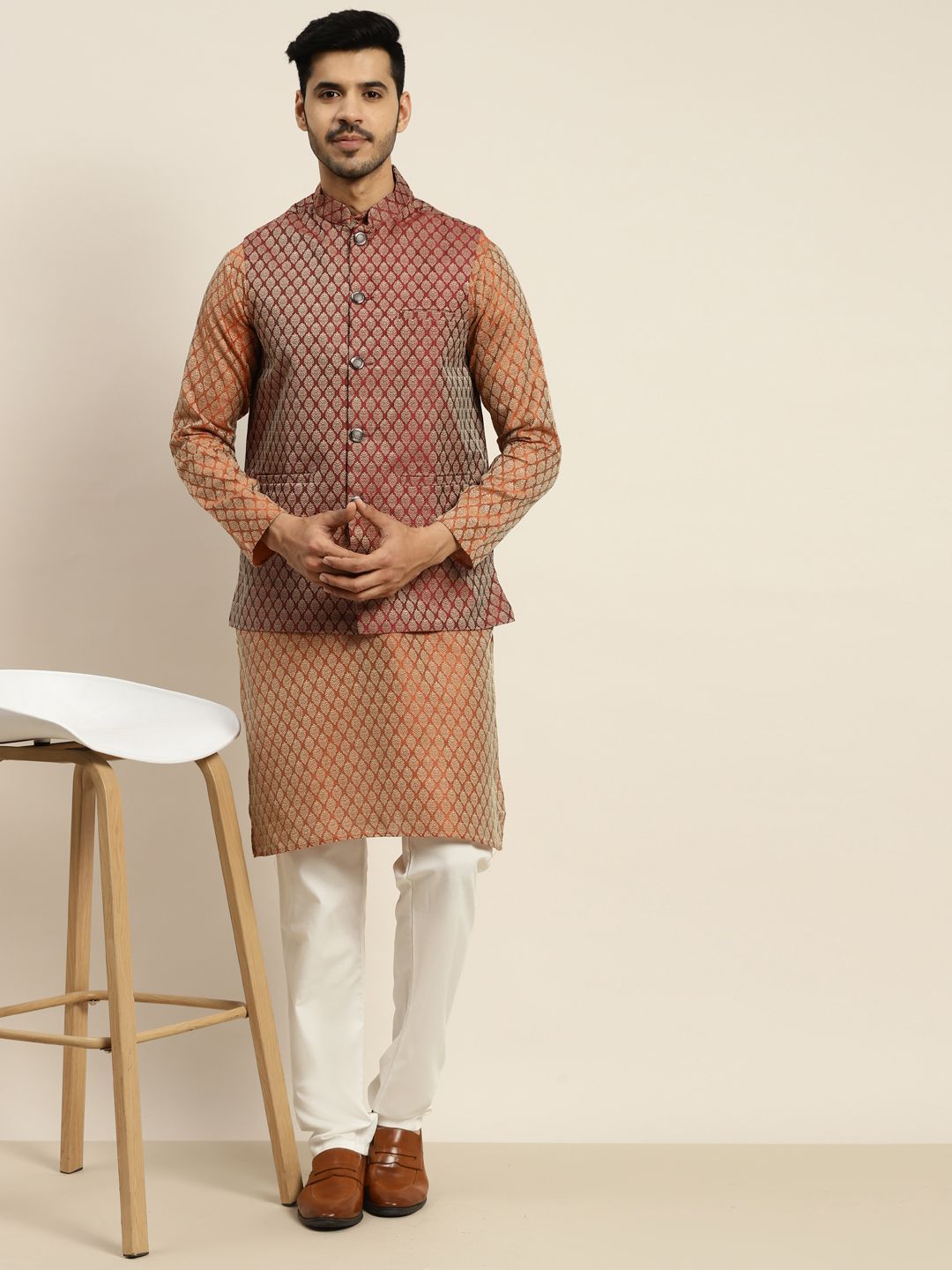 SOJANYA Men Orange Ethnic Motifs Kurta with Pyjamas & Nehru Jacket