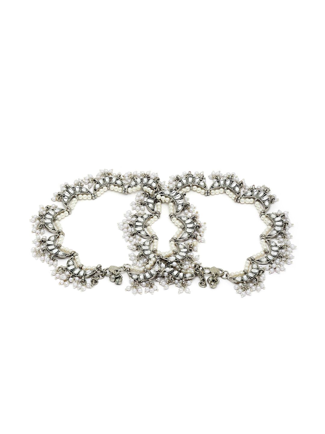 KARATCART Women Set Of 2 Silver-Toned & White Oxidized Anklets