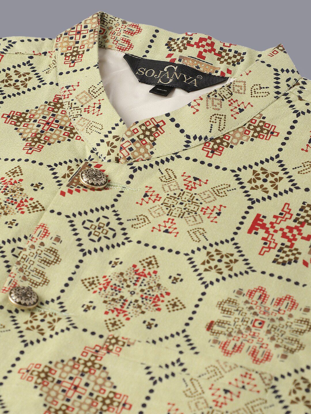 SOJANYA Motif Etnik Lelaki Sulam Kurta Kapas Tulen Dengan Piyama & Jaket Nehru