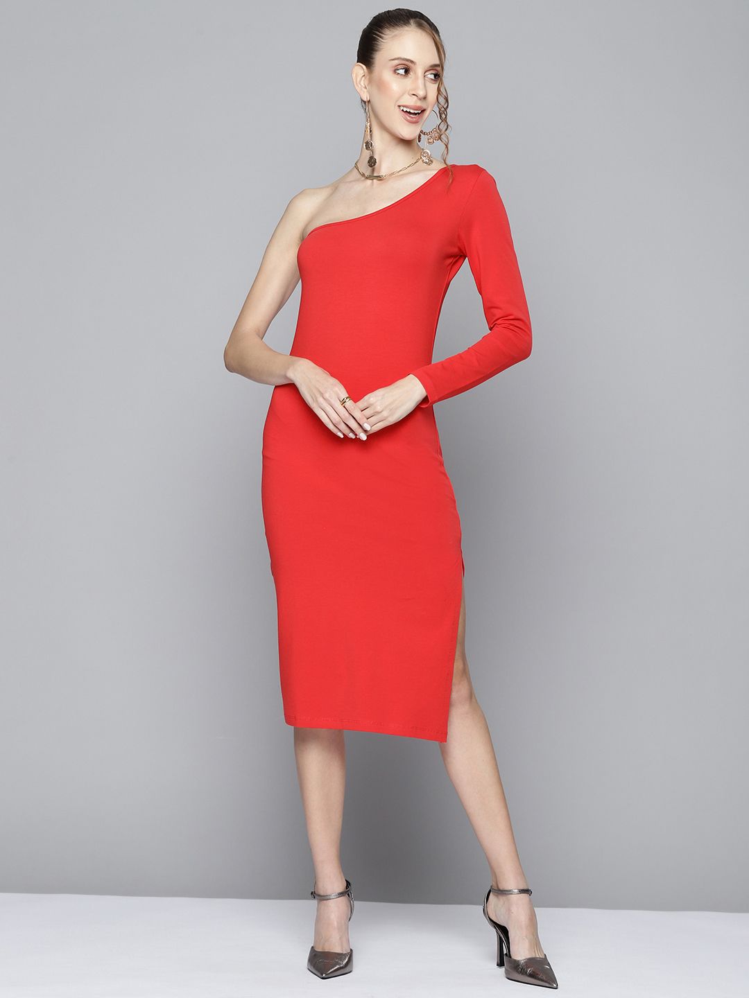 SASSAFRAS Women Red Solid One Shoulder Sheath Midi Dress