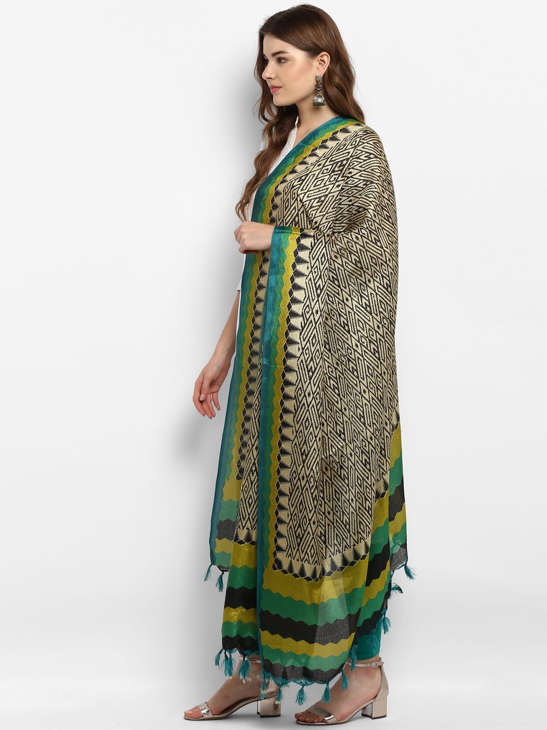 Saree mall Cream-Coloured & Green Printed Dupatta