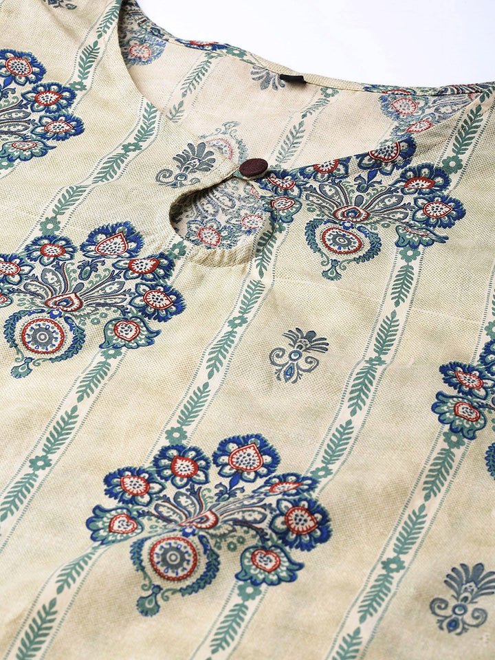 SOJANYA Women Beige & Green Printed Straight Kurta