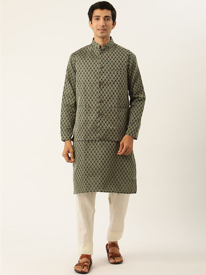 SOJANYA Kurta Motif Etnik Hijau Lelaki dengan Jaket Churidar & Nehru