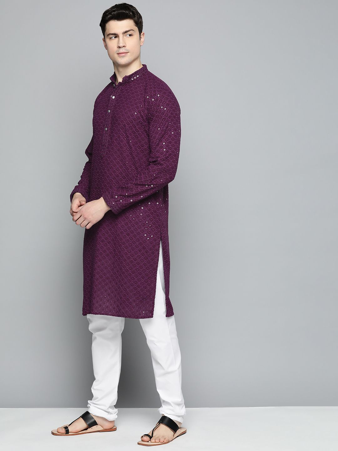 Jompers Men Floral Embroidered Chikankari Pure Cotton Kurta with Churidar