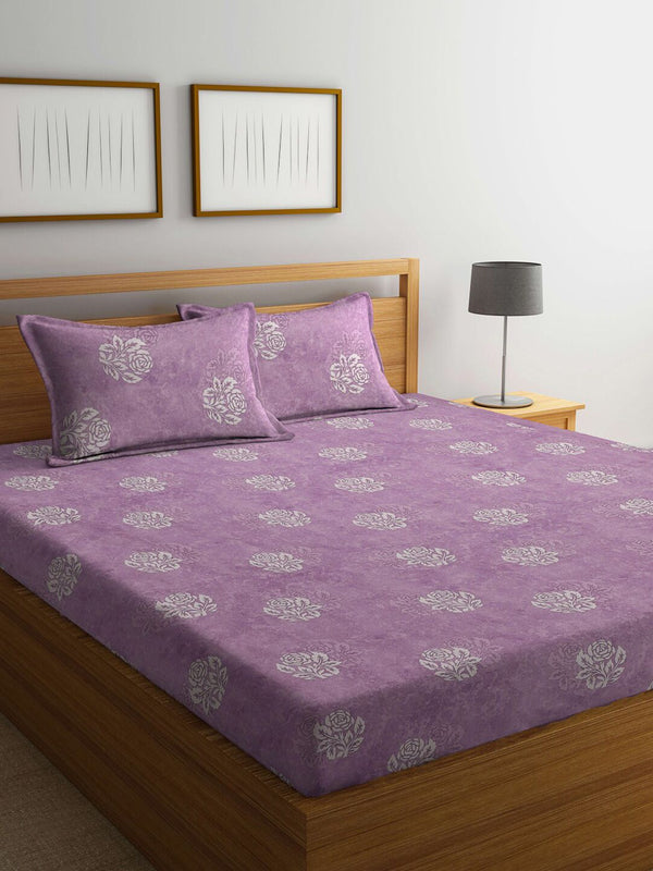KLOTTHE Purple & White Floral-Printed 130GSM Pure-Cotton Fitted Double King Bedsheet Set