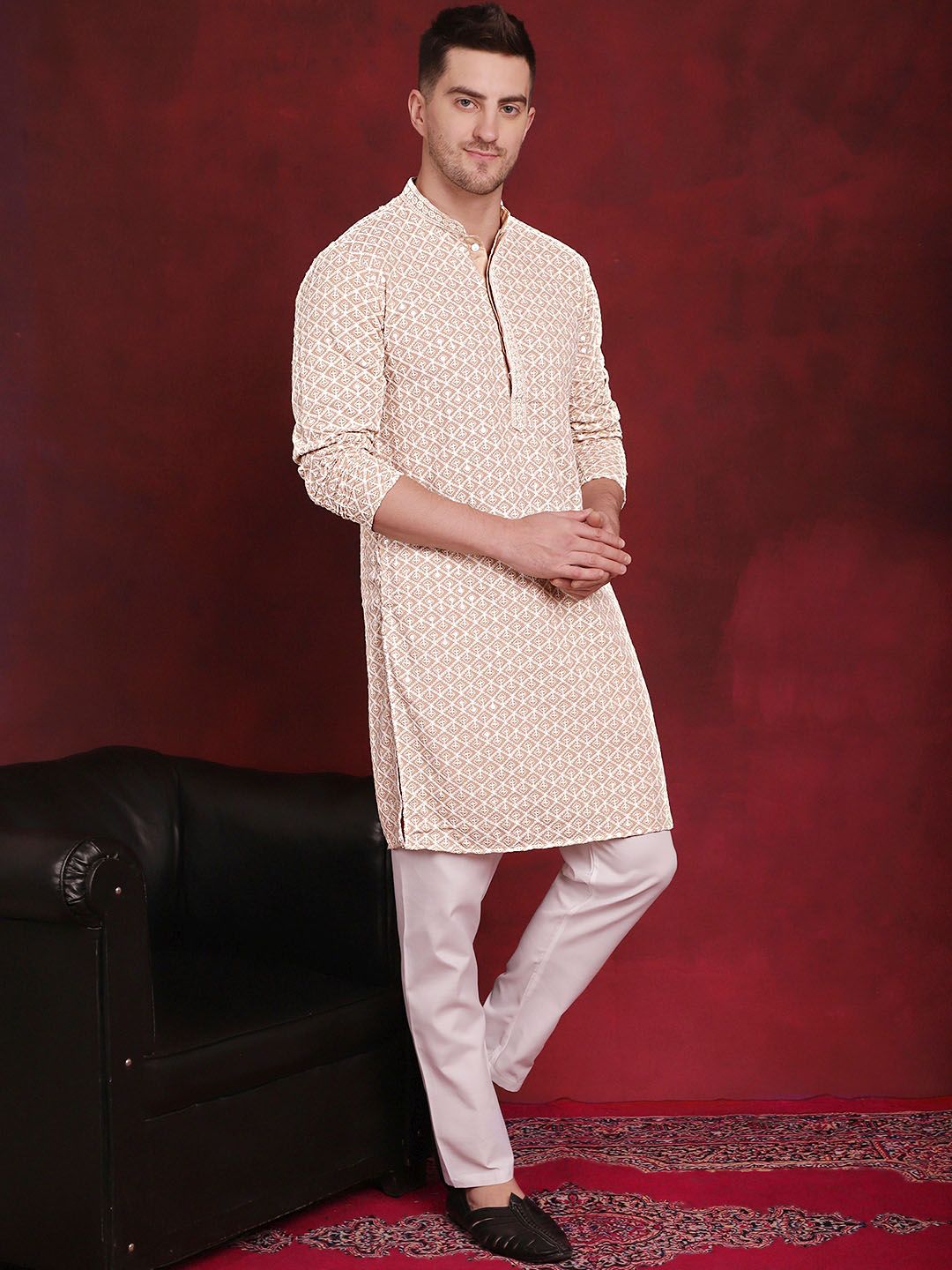 Jompers Geometric Self Design Thread Work Pure Cotton Kurta With Pyjamas