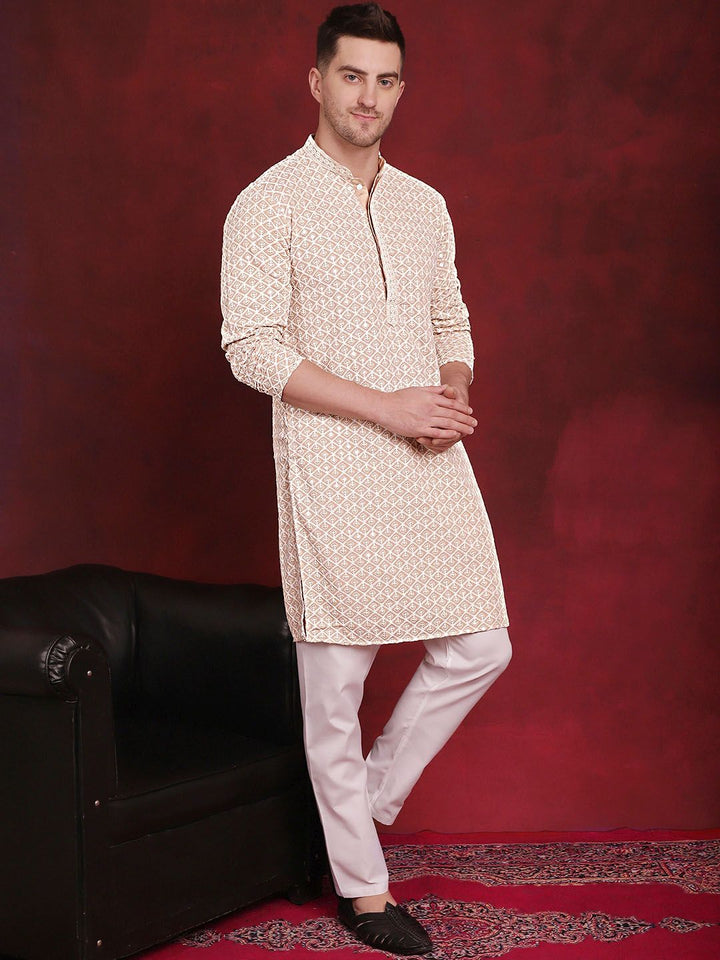 Jompers Geometric Self Design Thread Work Pure Cotton Kurta With Pyjamas