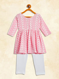 VASTRAMAY Girls Pink Ethnic Motifs Embroidered Empire Thread Work Pure Cotton Kurta with Trousers