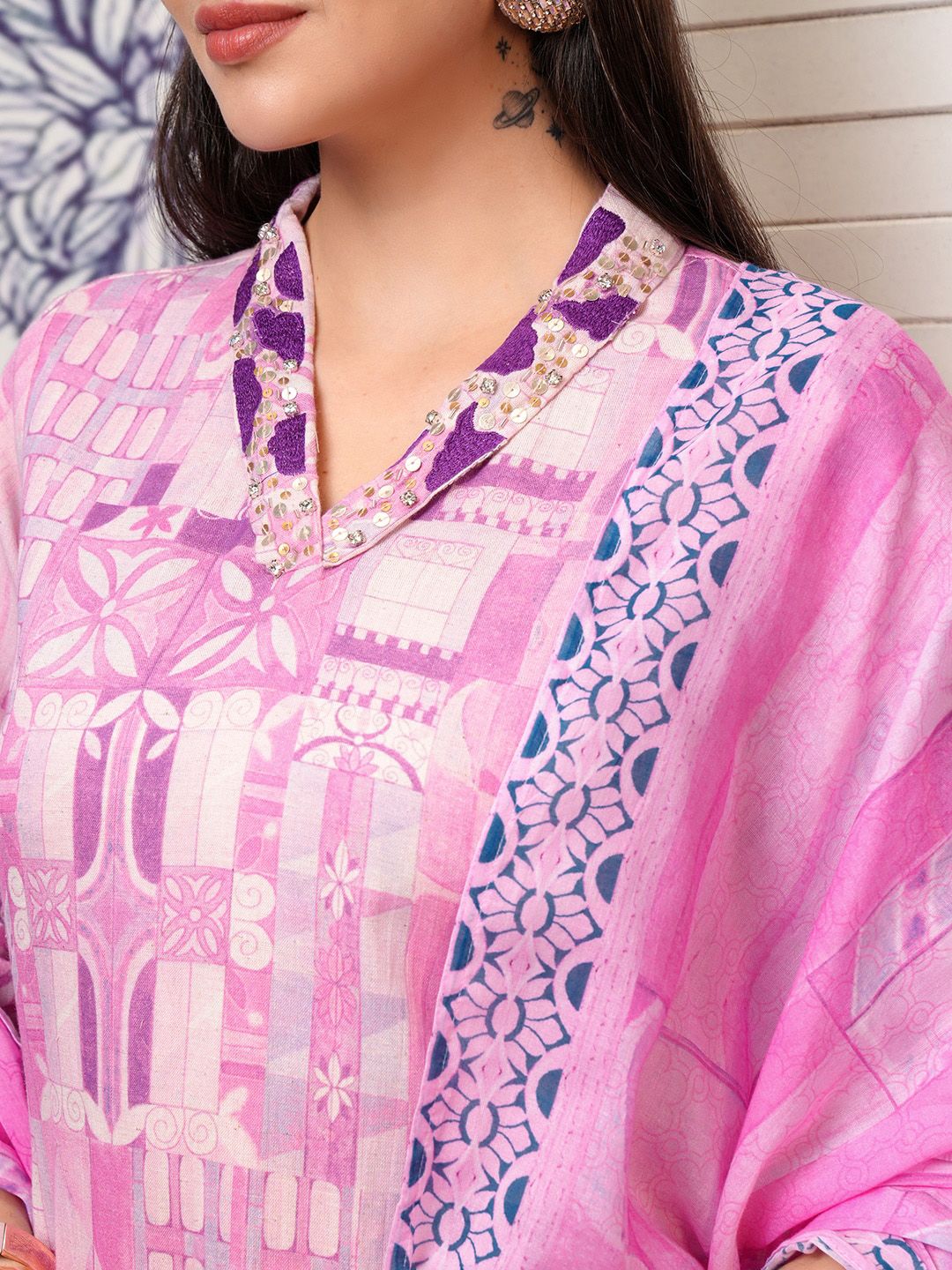 Vishudh Purple Ethnic Motifs Printed Sequinned Pure Cotton Kurta with Trouser & Dupatta