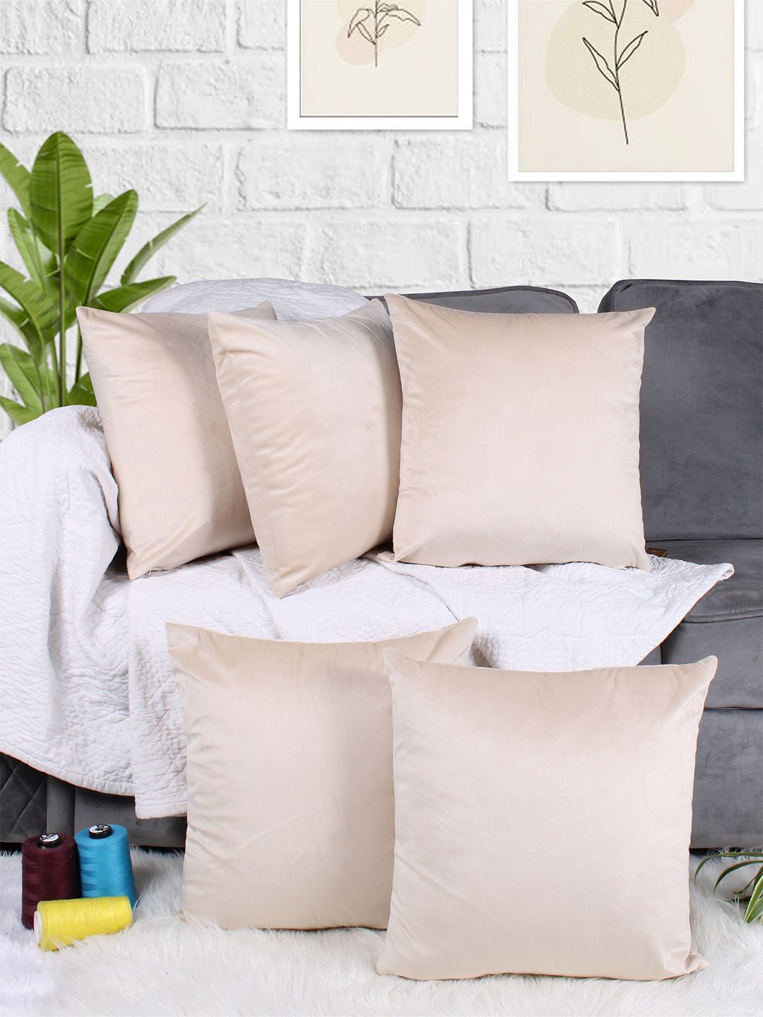 STITCHNEST Beige 5 Pieces Velvet Square Cushion Covers