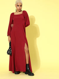 Berrylush Women Gorgeous Red Solid Puff Sleeves Dress