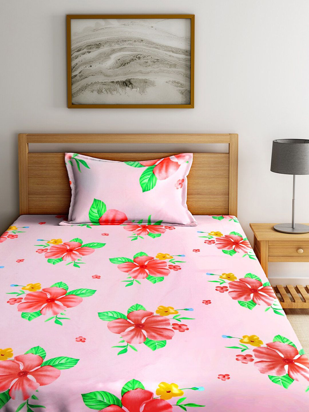 KLOTTHE White & Pink Geometric 210 TC Polycotton 2 Single Bedsheet with 2 Pillow Covers