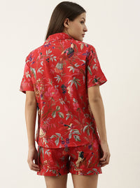 SANSKRUTIHOMES Women Red Printed Cotton Night suit