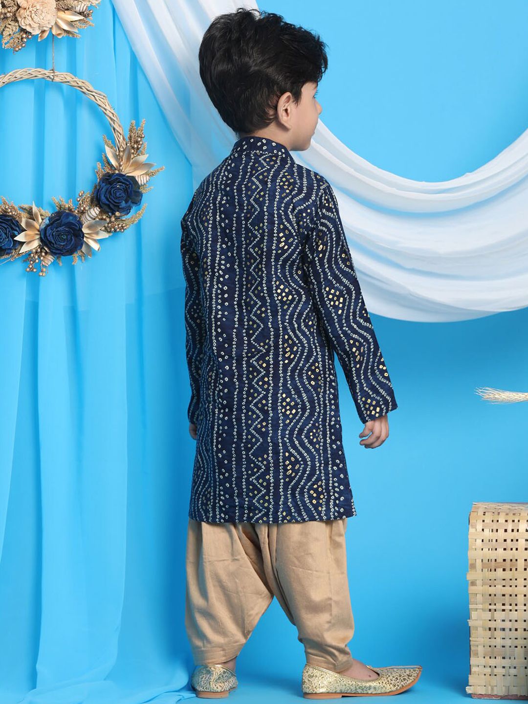 VASTRAMAY Boys Blue Bandhani Printed Kurta with Dhoti Pants
