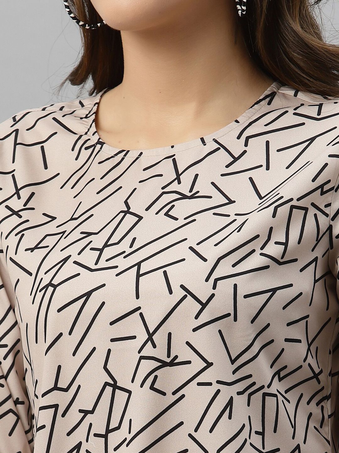 Style Quotient Nude-Coloured & Black Print Crepe Top