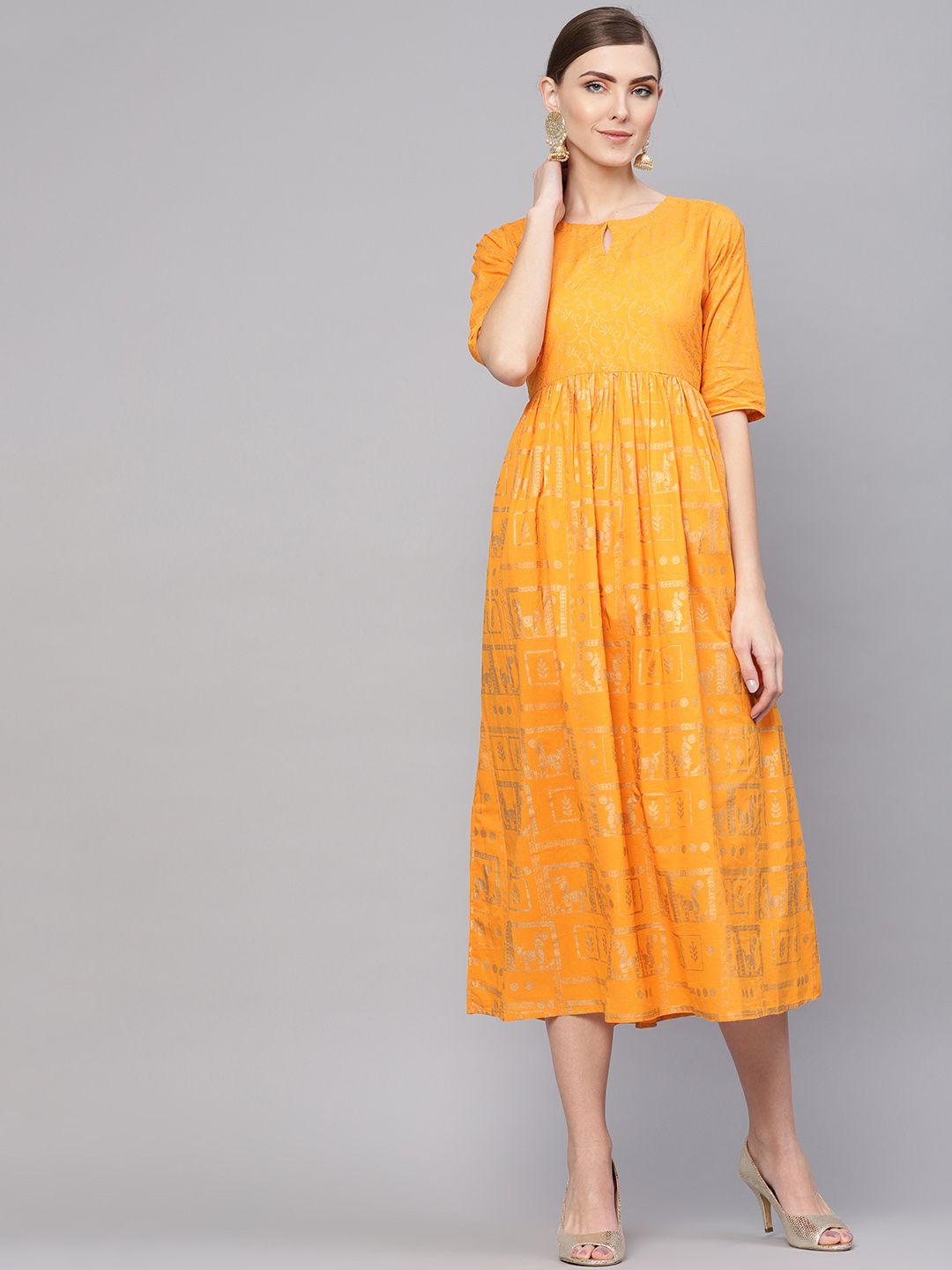 Gerua By Libas Women Printed Mustard Yellow Printed A-Line Dress