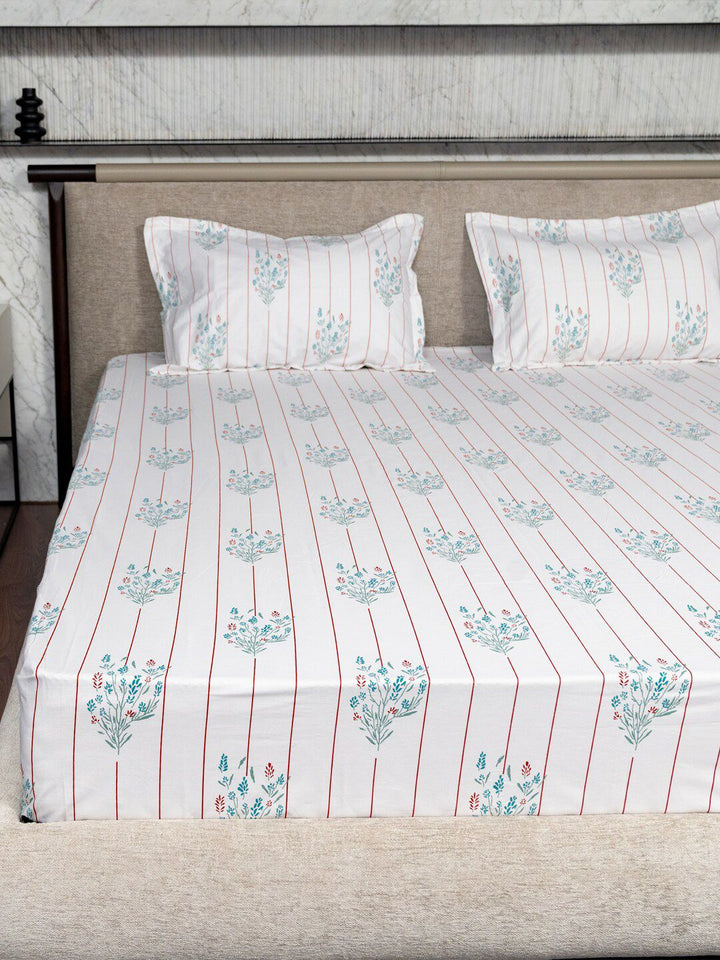 URBAN SPACE Rust White Floral Cotton 200 TC Queen Bedsheet With 2 Pillow Cover