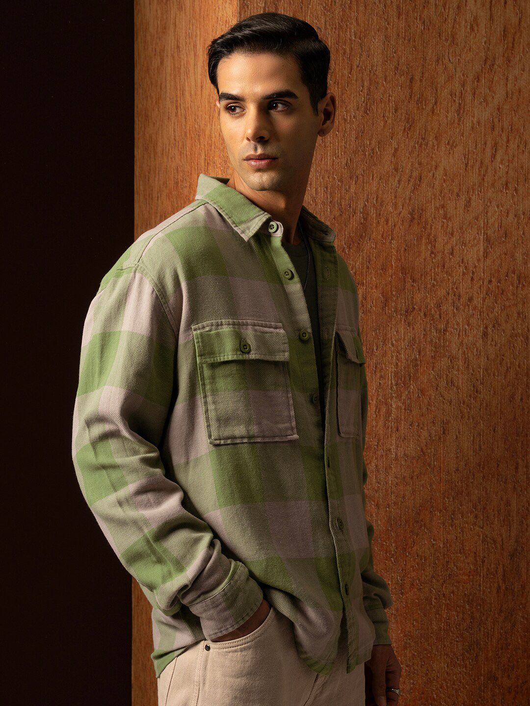 Locomotive Premium Men Green Oversized Oxford Dobby Textured Checked Overshirt
