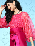 SASSAFRAS Women Pretty Pink Abstract Puff Sleeves Top