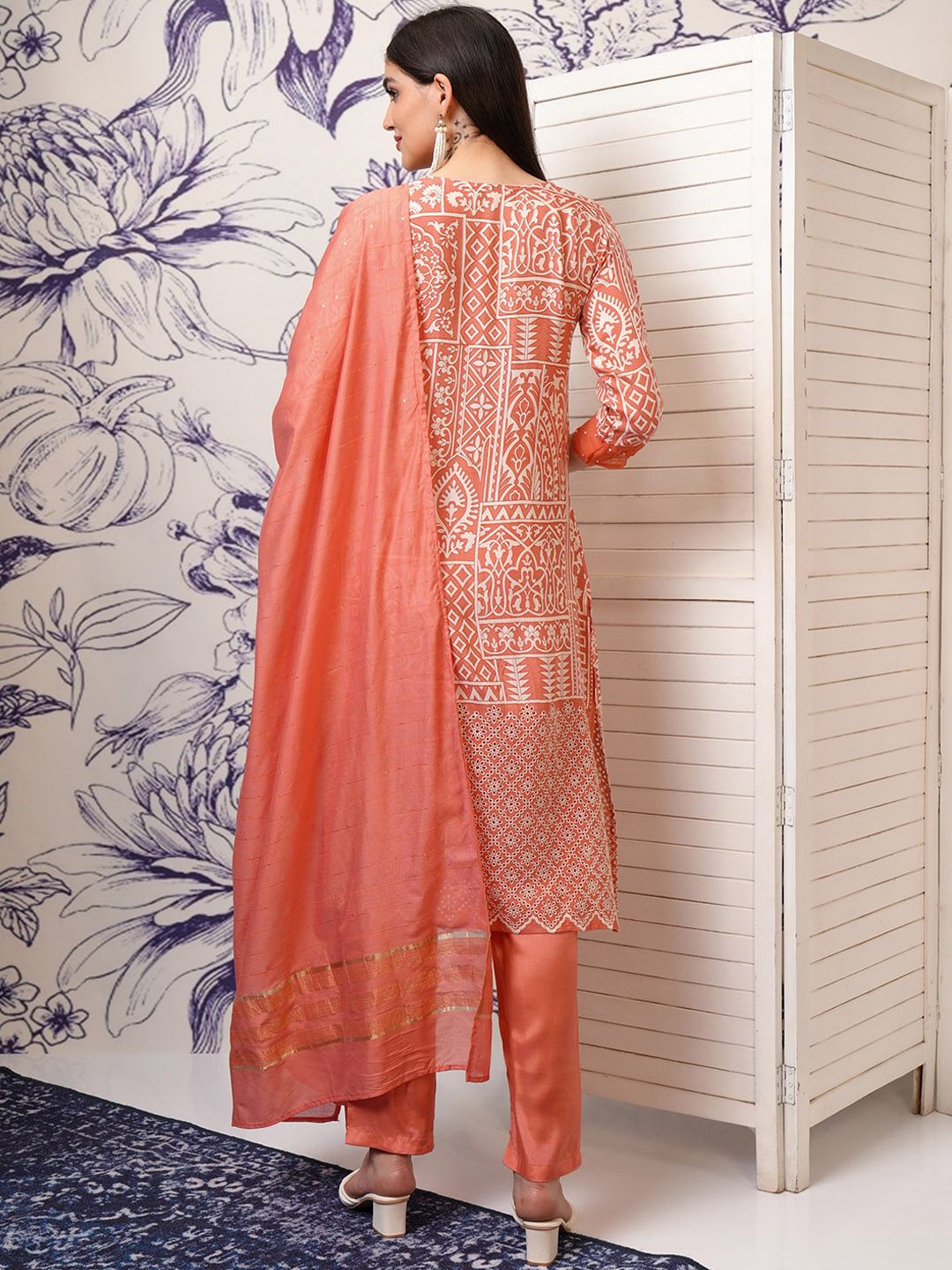 Vishudh Ethnic Motifs Printed Sequinned Straight Kurta with Trousers & Dupatta