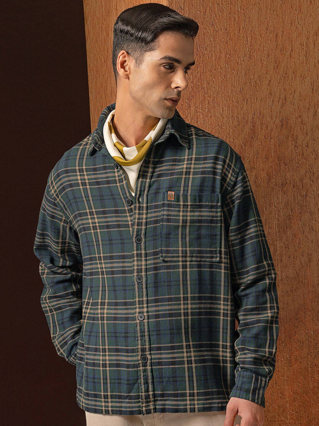 LOCOMOTIVE Premium Men Oversized Dobby Textured Checked Overshirt