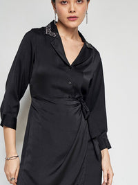 AND Lapel Collar Cuffed Sleeves Tie-Up Detailed A-Line Dress