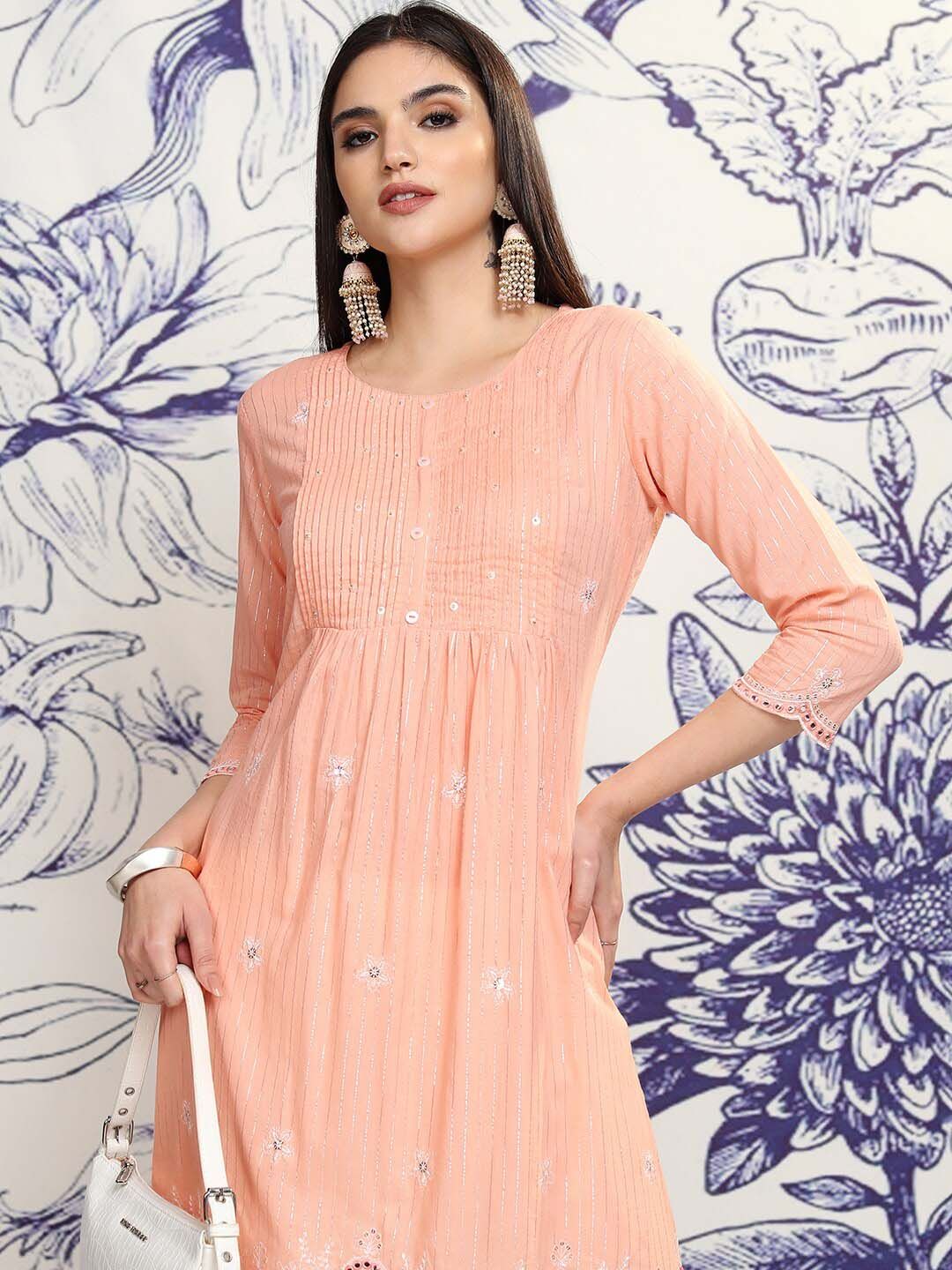 Vishudh Peach Round Neck Floral Embroidered Regular Pure Cotton A-Line Kurta with Trousers