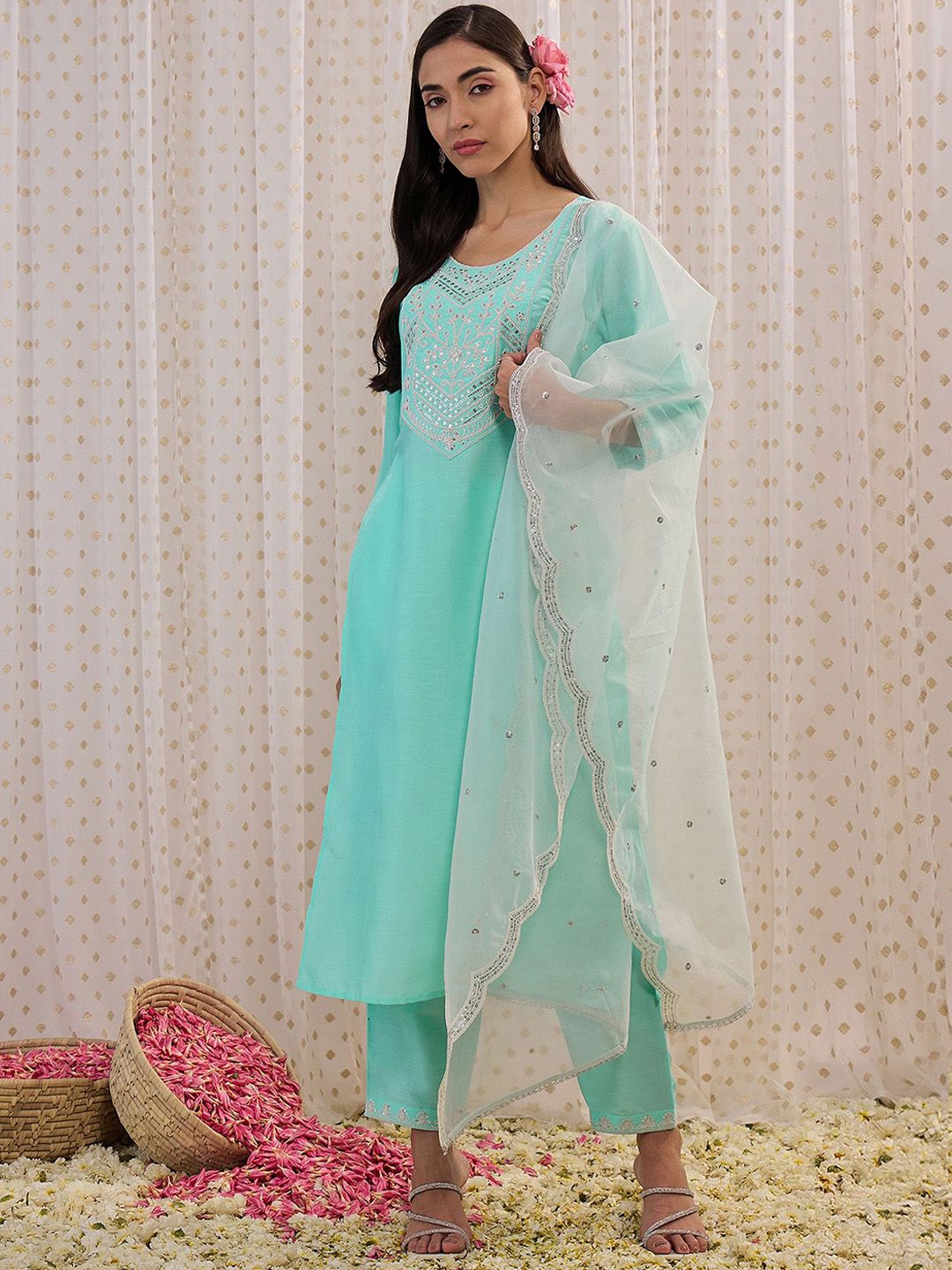 Indo Era Floral Embroidered Sequinned Straight Kurta With Trousers & Dupatta
