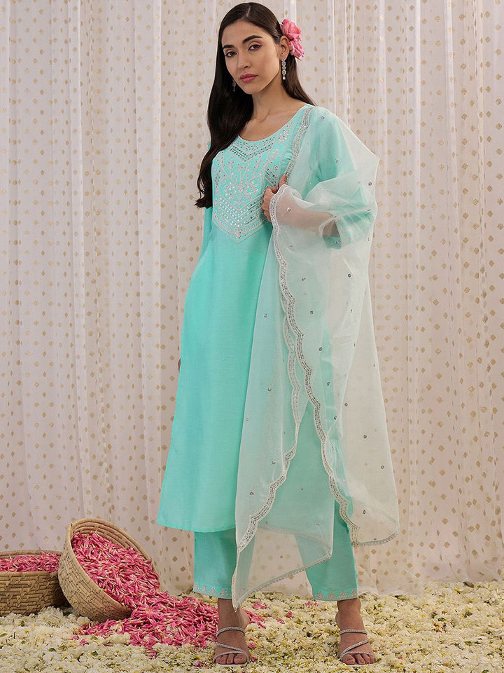 Indo Era Floral Embroidered Sequinned Straight Kurta With Trousers & Dupatta