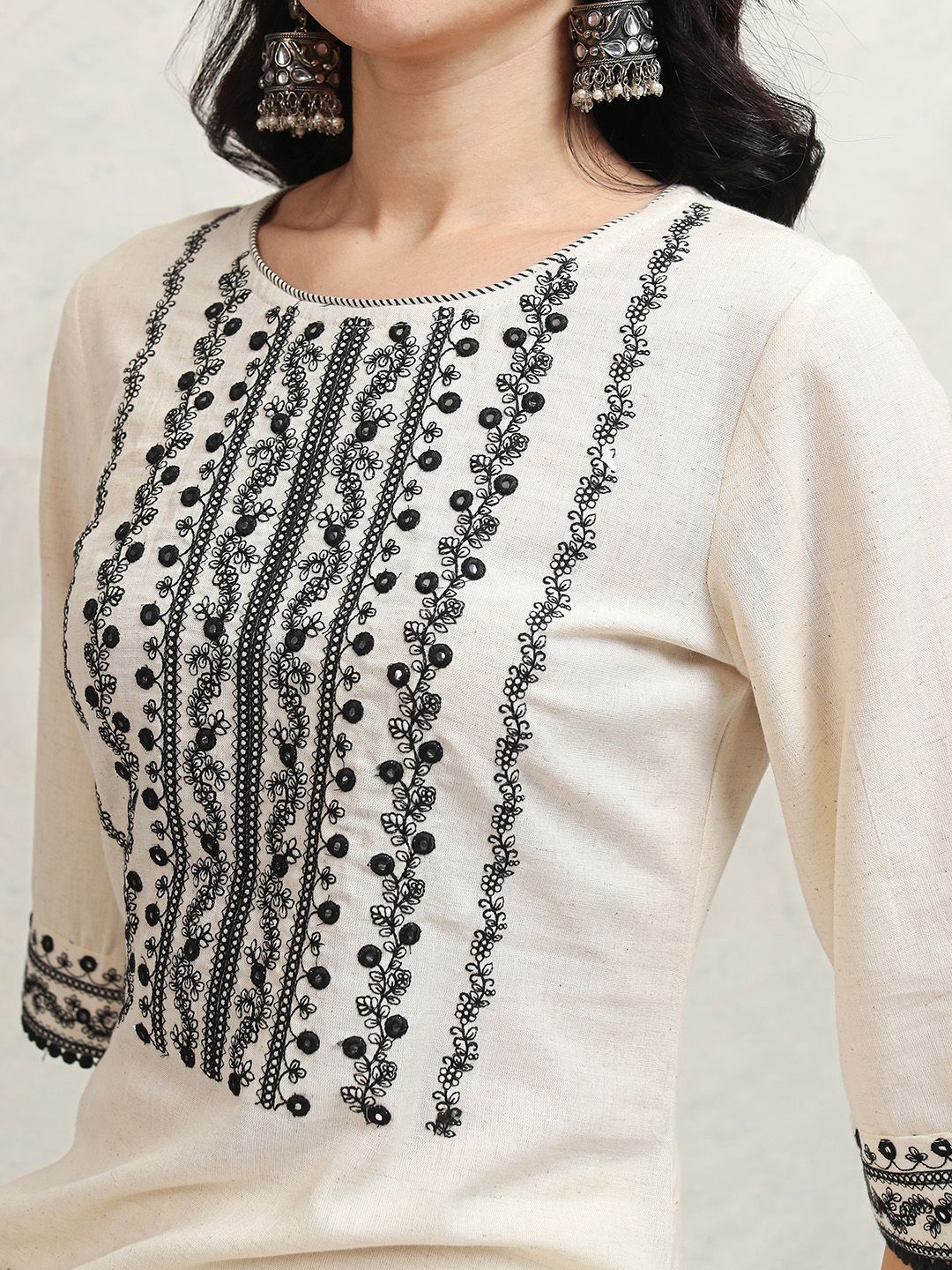 Vishudh Beige Floral Yoke Design Thread Work Regular Pure Cotton Kurta with Trouser