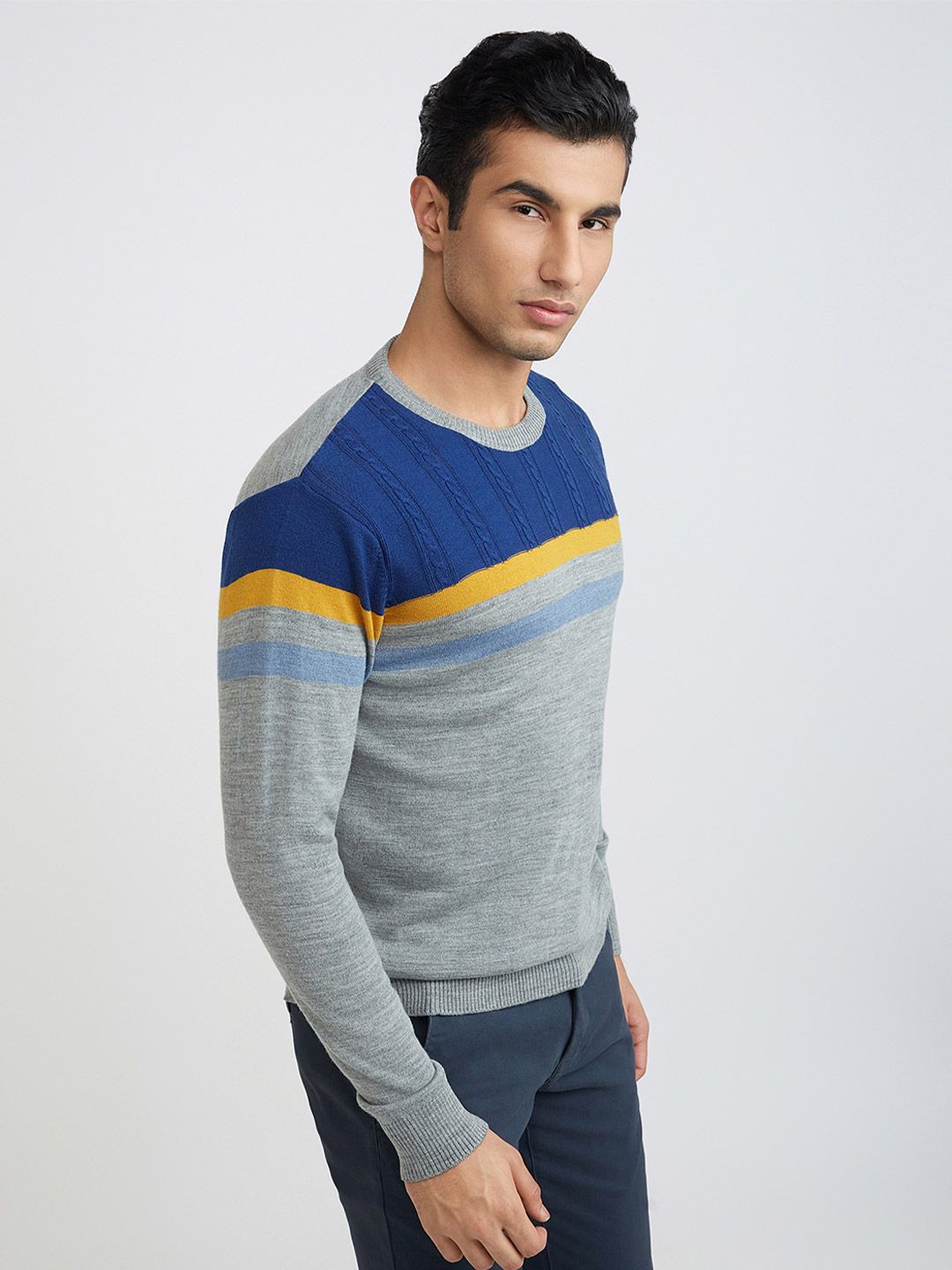 Raymond Men Grey Melange & Blue Colourblocked Pullover