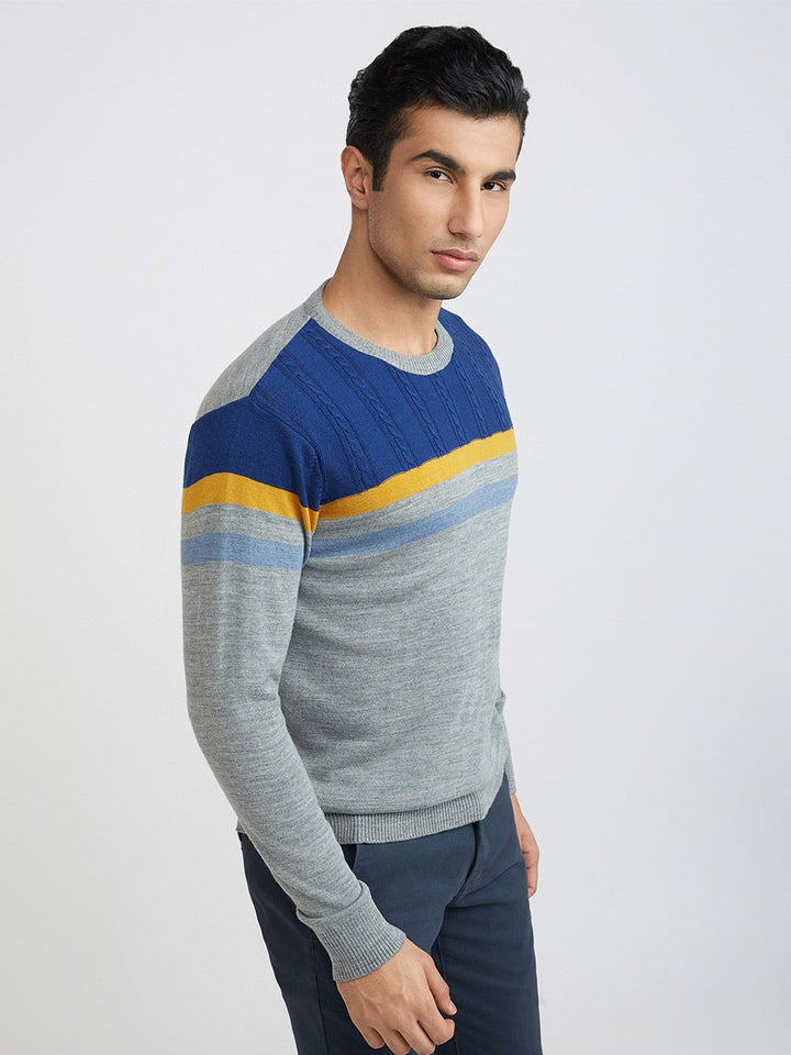 Raymond Men Grey Melange & Blue Colourblocked Pullover